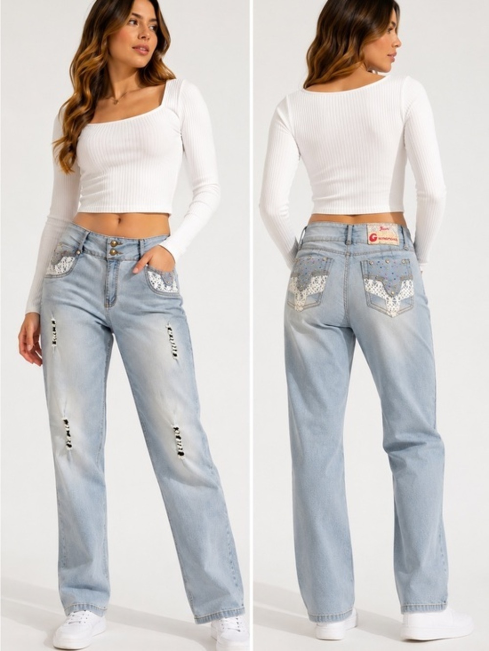 Gorditas Intepidas Y2K Embellished Jeans Rhinestone Lace Pocket Distressed Denim